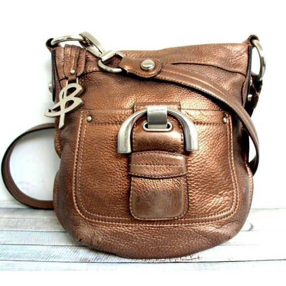 B.Makowsky SHABBY BRONZE BROWN GENUINE LEATHER BUCKLE X-BODY SHOULDER BAG PURSE - Picture 1 of 12